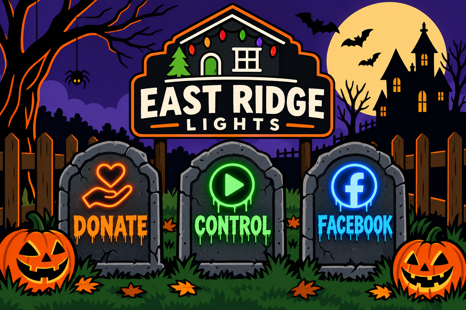 East Ridge Lights Halloween light show with Donate, Control, and Facebook buttons